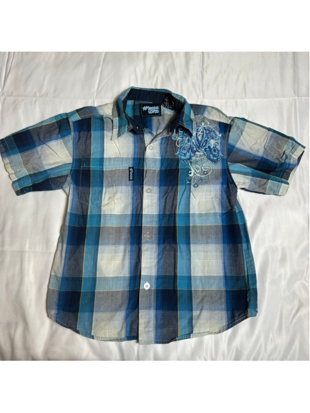 Boys Mecca USA Button Down Shirt Size 7 Blue White Plaid